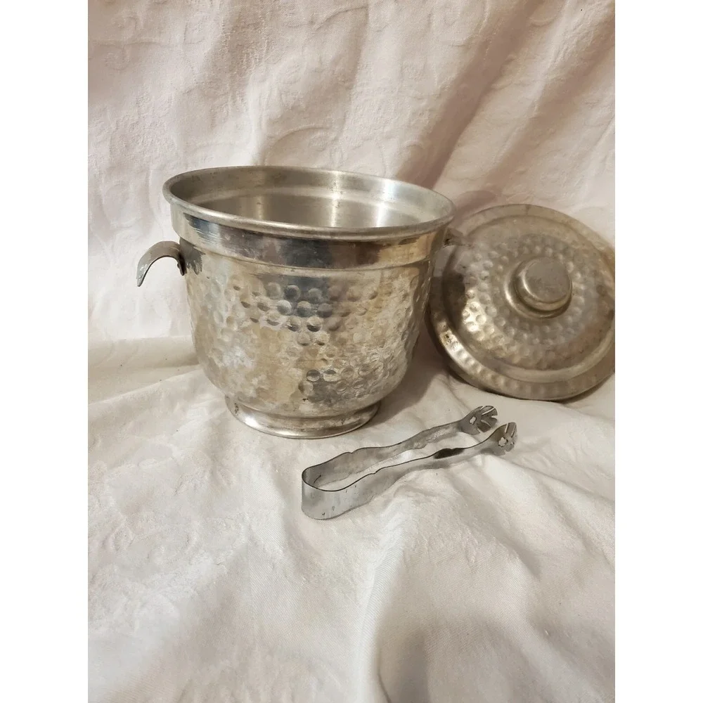 Ice Bucket VINTAGE Nasco Italian stamped on bottom Hammered Aluminum 7.5